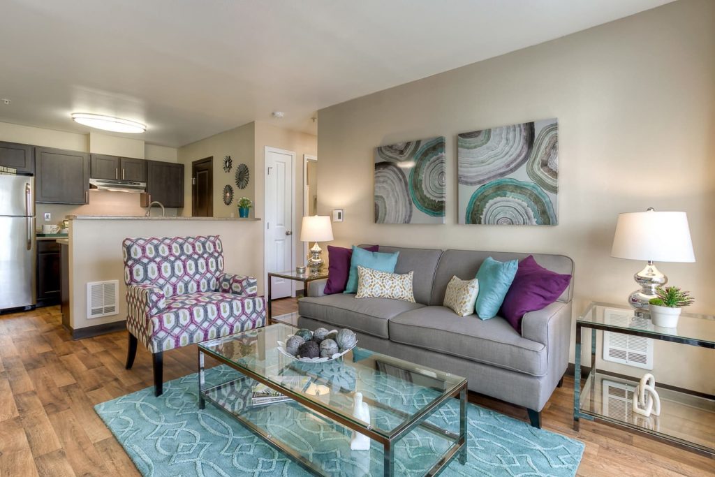 Living room at Pebble Cove Apartments in Renton, Washington