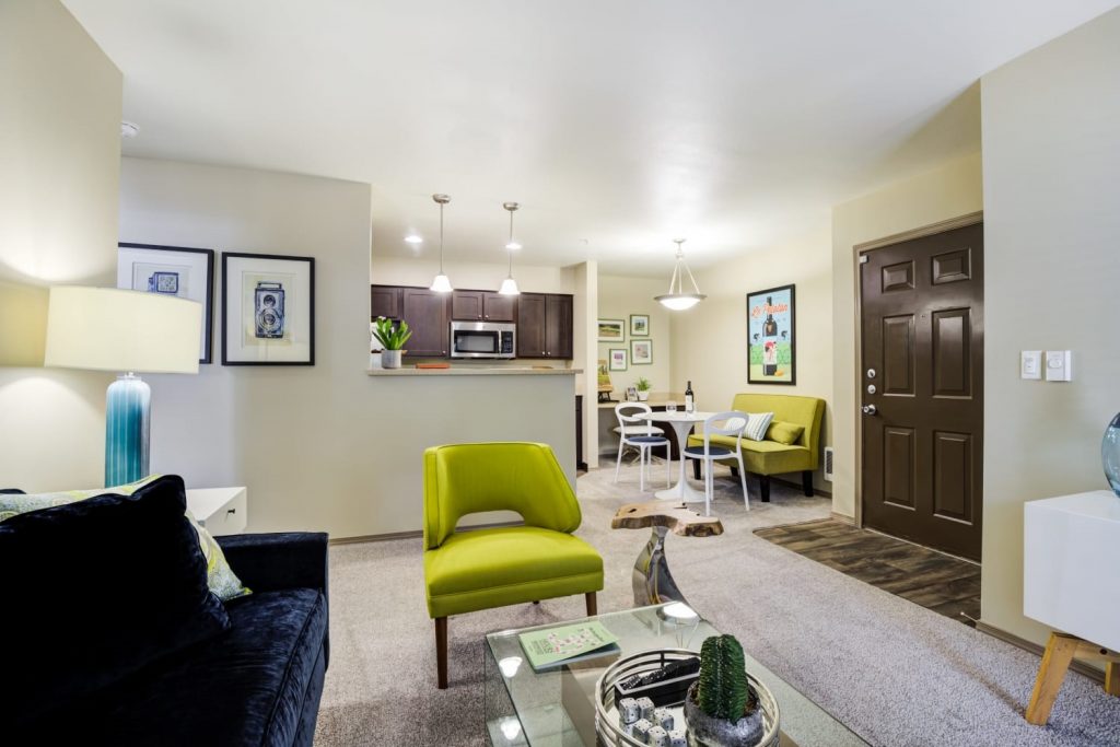 Spacious and well appointed living room at The Knolls at Inglewood Hill in Sammamish, Washington